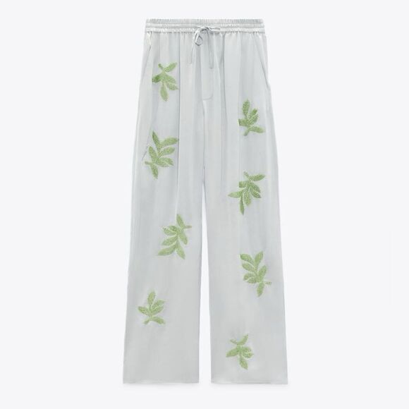 ZARA Women's High Waist Satin Embellished Leaf Pants in Sky Blue Size Medium - Picture 1 of 10